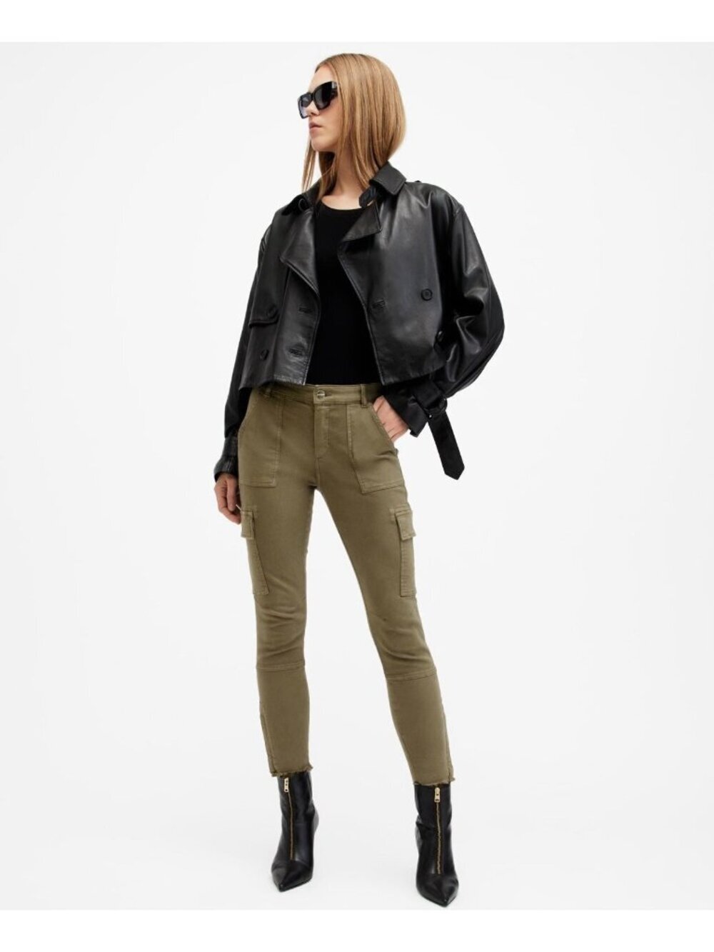 All Saints Women Jeans Olive Green Military Distressed Indie Alt Grunge Raw Hem